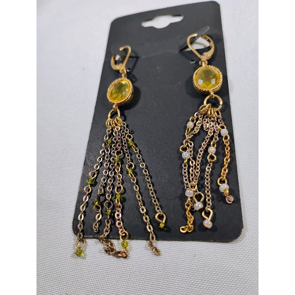 Drop Dangle Earrings Topaz Color Charm & Beaded Multi- Strand Chain Dangles Boho
